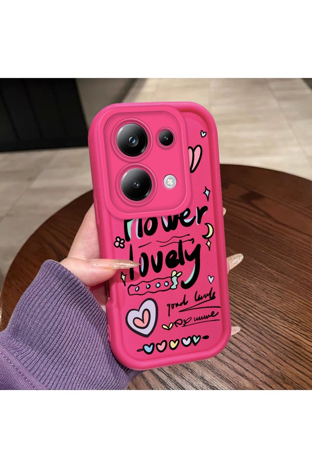 Poco M6 Pro 4g Compatible Pink Red Silicone Heart Pattern Case Shockproof Camera Protection