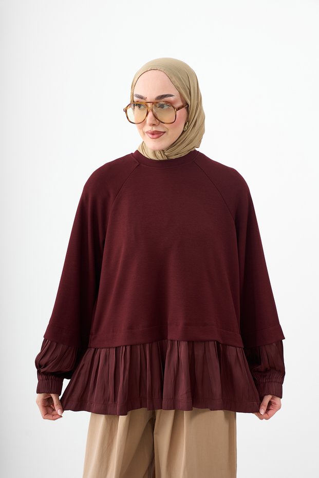 Women's Crew Neck Satin Pleated Detailed Sweatshirt Claret Red