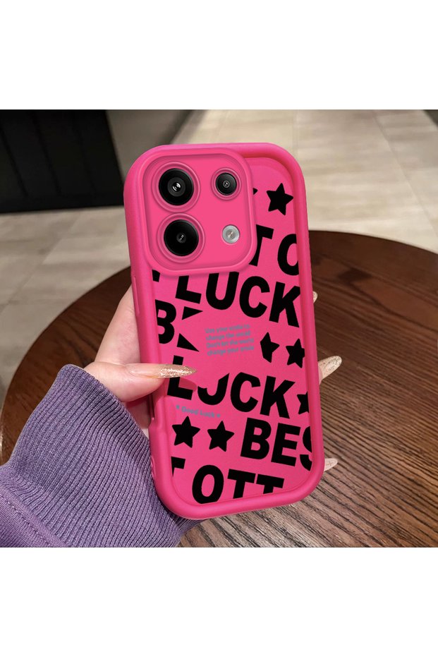 Poco X6 Compatible Good Luck Written Star and Letter Pattern Fuchsia Pink Silicone Phone Case Shockproof