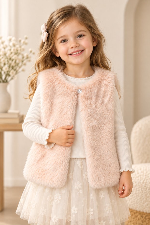 Girl's Powder Pink Plush Fur Vest with Fiber Filling Lining and Single Button