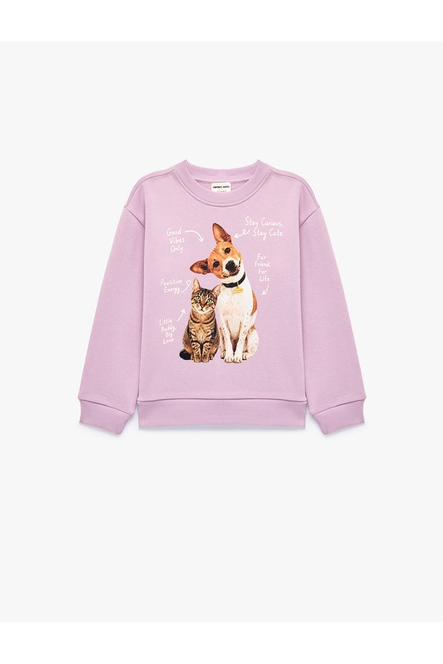 Cat and Dog Printed Hooded Crew Neck Long Sleeve Sweatshirt