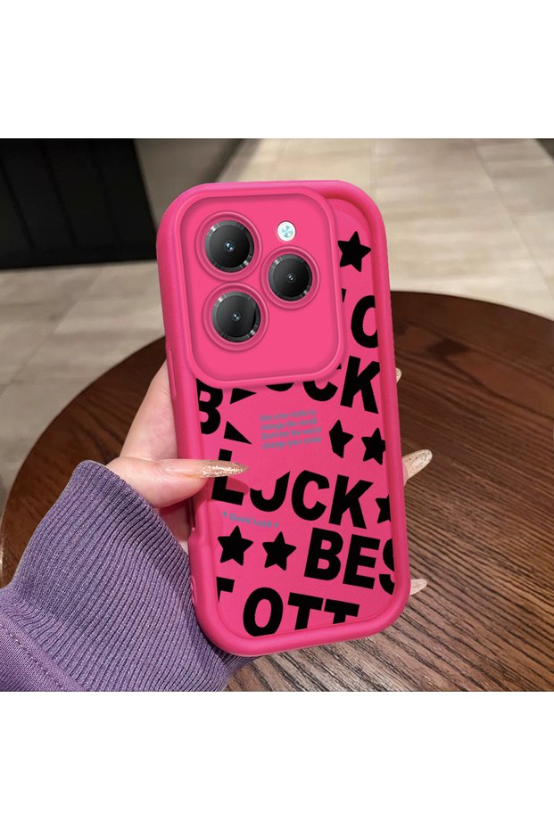 Infinix Hot 40/40 Pro Compatible Good Luck Written Star and Letter Pattern Fuchsia Pink Silicone Phone Case Impact Protection