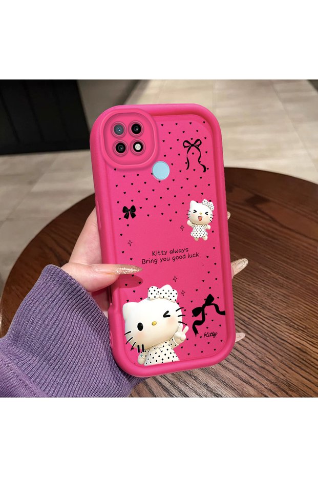 Realme C21 Compatible Pink Red Silicone Kitty Case Shockproof Camera Protection