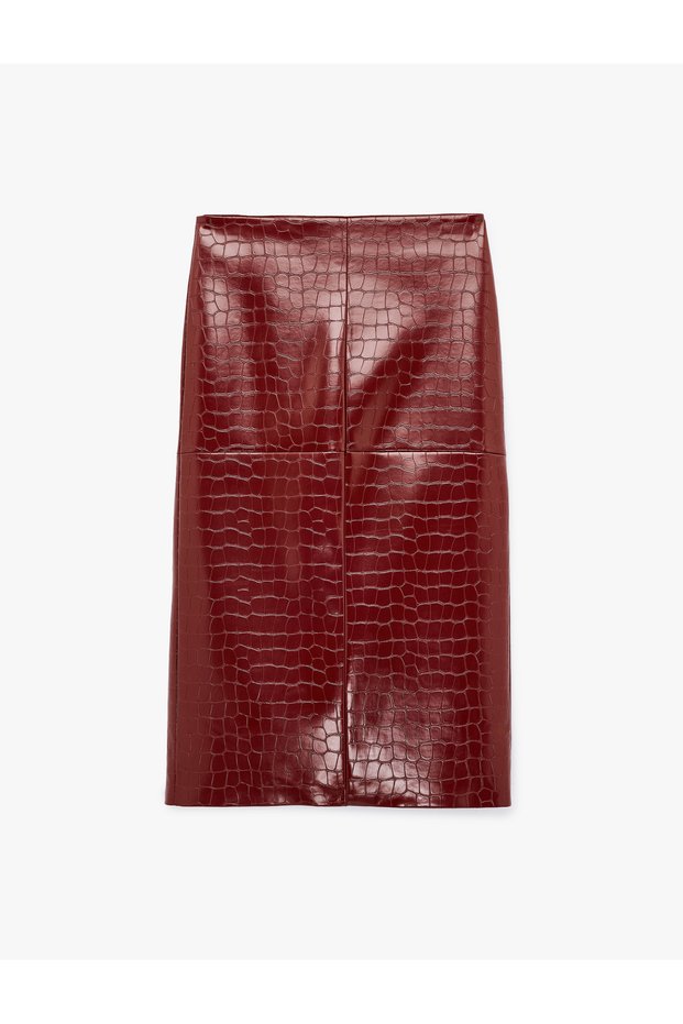 Faux Leather Crocodile Look Midi Pencil Skirt with Slits