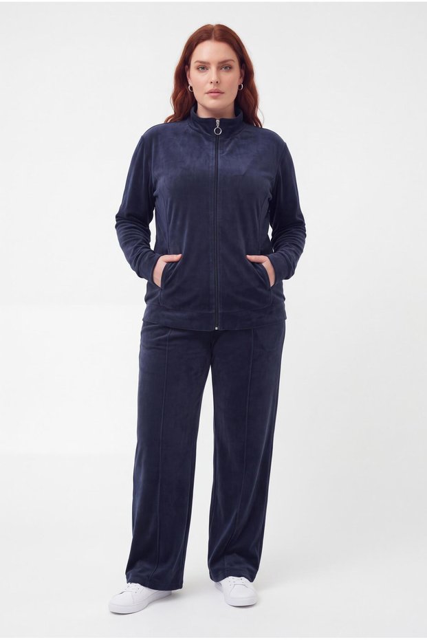 Women's Plus Size Half Turtleneck Zippered Wide Leg Navy Blue Tracksuit Set