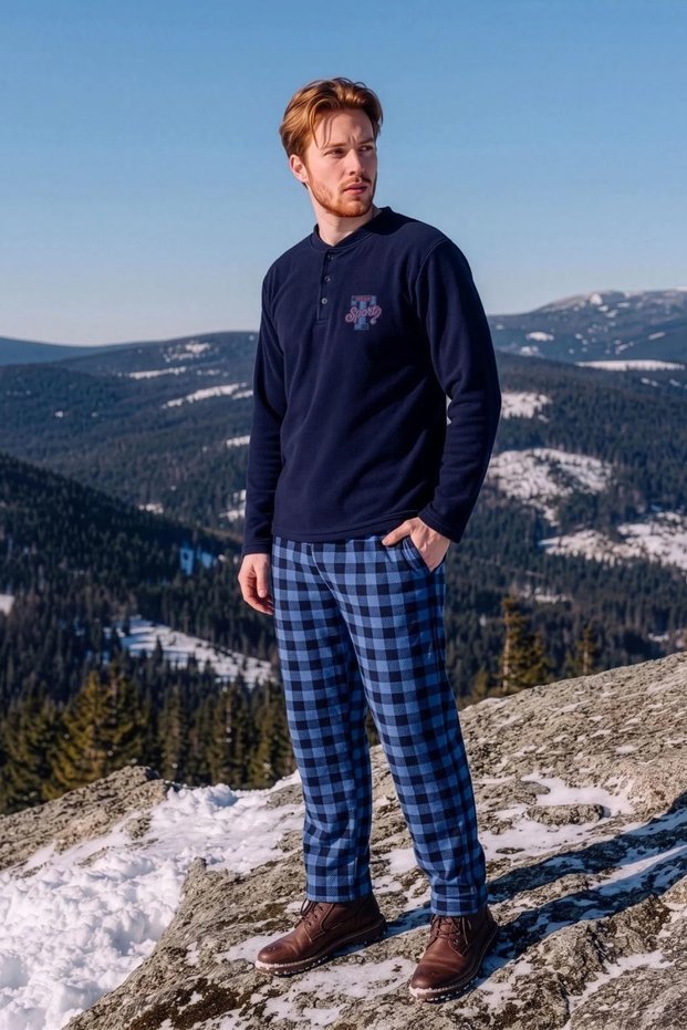 Men's Navy Blue t Sport Embroidery Plaid and Square Patterned Long Sleeve Fleece Fabric Winter Warm Pajama Set