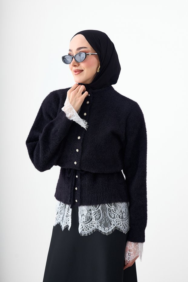 Women's Lace Detailed Beaded Button Detail Knitwear Cardigan Black