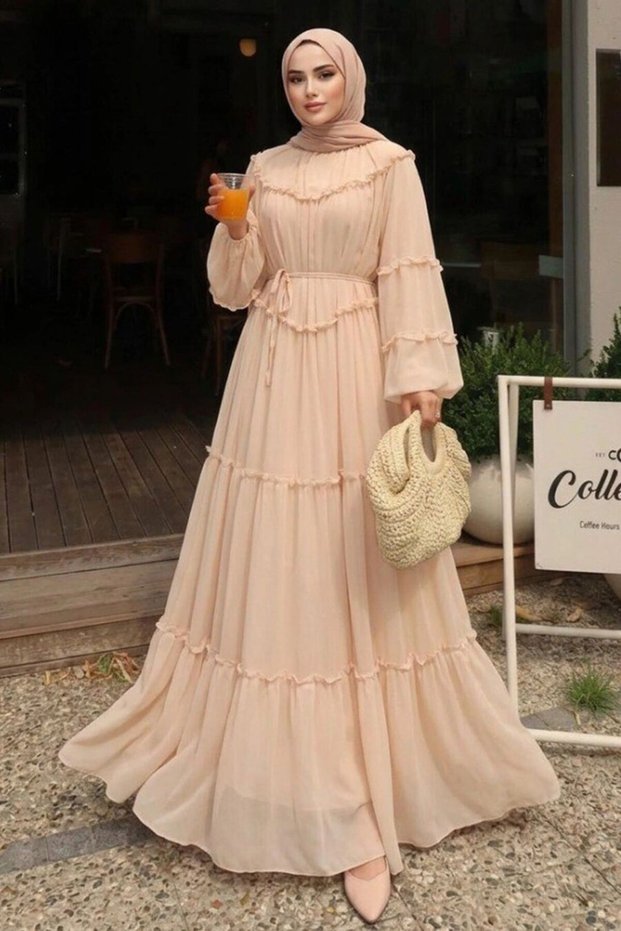 Ruffle Detailed Tie-Waist Beige Hijab Dress 2479Bej