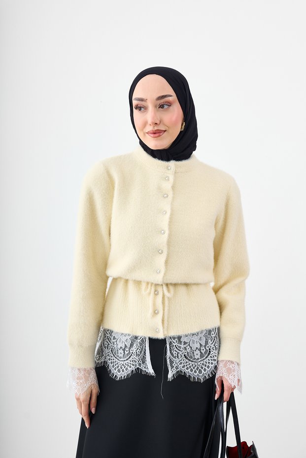 Women's Lace Detailed Beaded Button Detail Knitwear Cardigan Cream