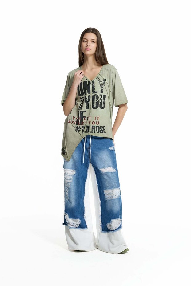 Khaki Text Printed Asymmetrical T-Shirt 19140