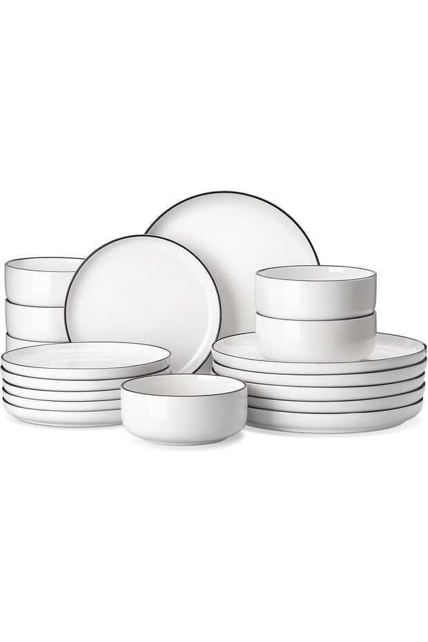 LUNA Crockery Set for 6 People, 18-Piece White Porcelain Dinner Service with Black Rim