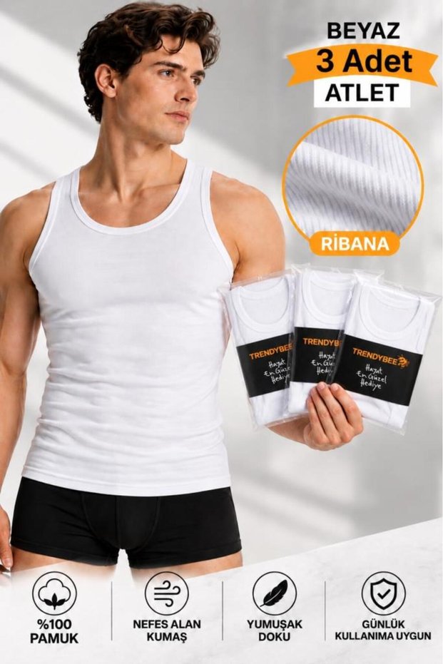 Men's White Ribana Undershirt 3 Piece Pack Cotton Comfortable Economical