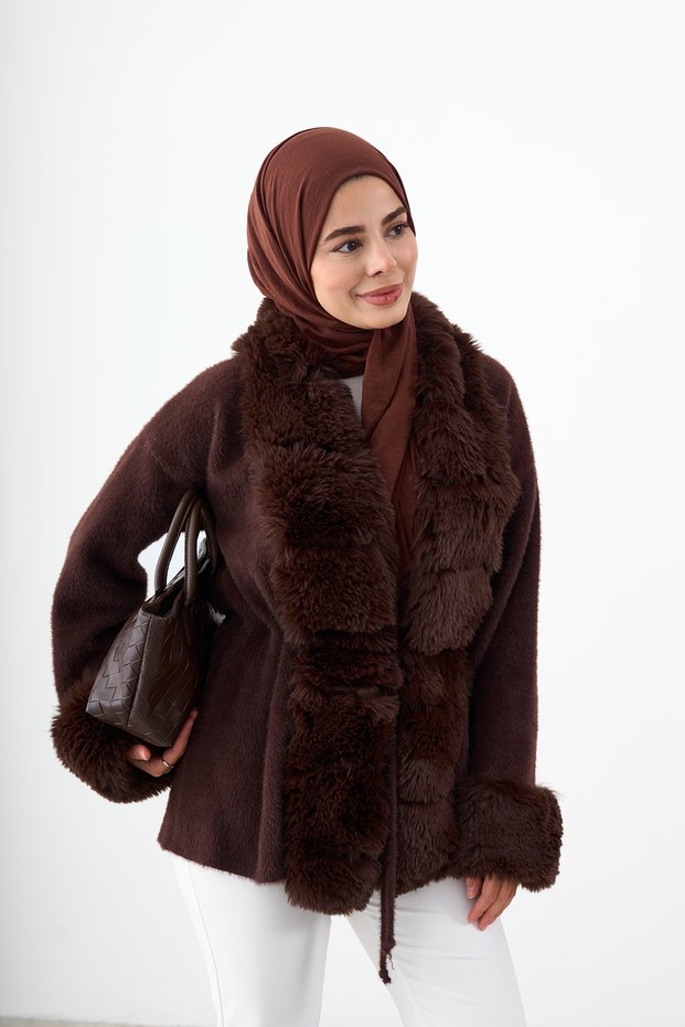 Women's Fur Detailed Waist Tie Knitwear Cardigan Brown