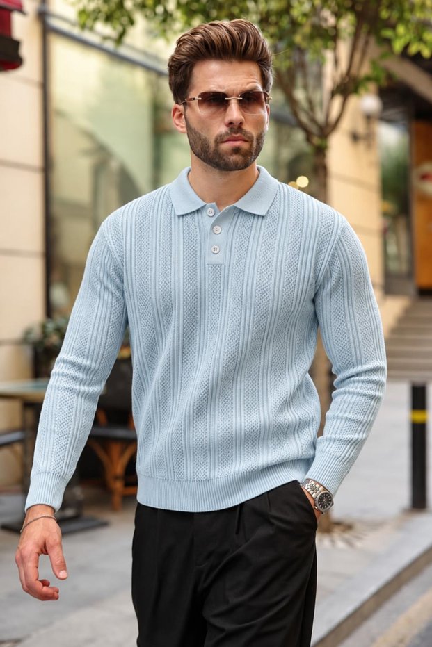Baby Blue Buttoned Polo Collar Patterned over Fit Men's Knitwear Sweater E7520