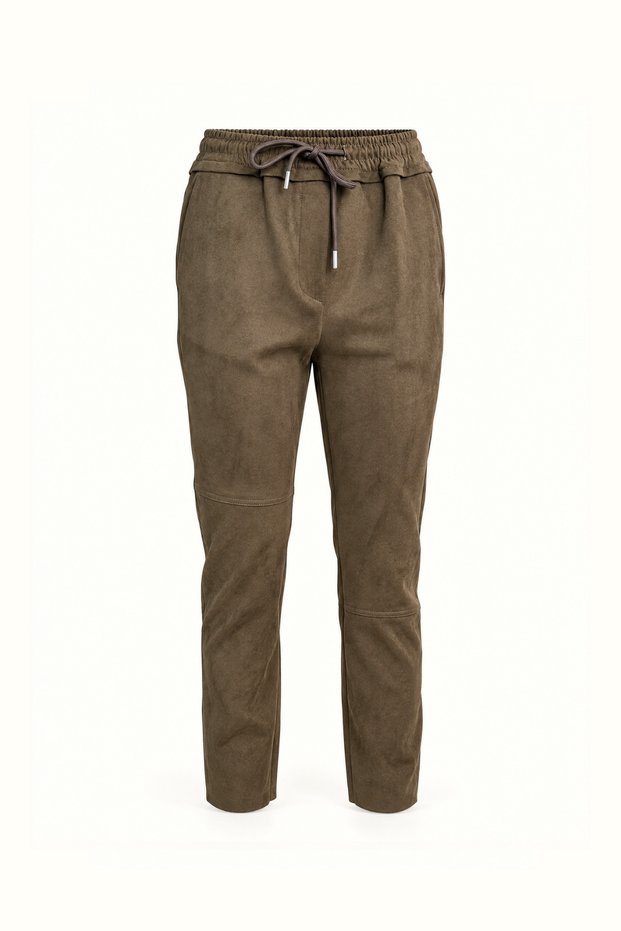 Khaki Suede Trousers with Elastic Waist
