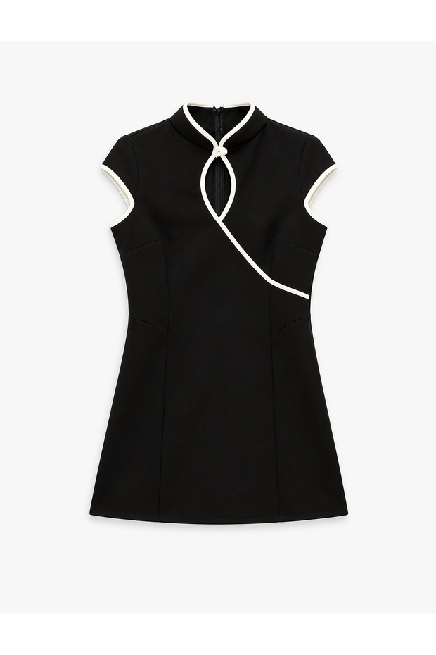 Slim Fit Short Sleeve Contrast Detail Stand Collar Qipao Mini Dress