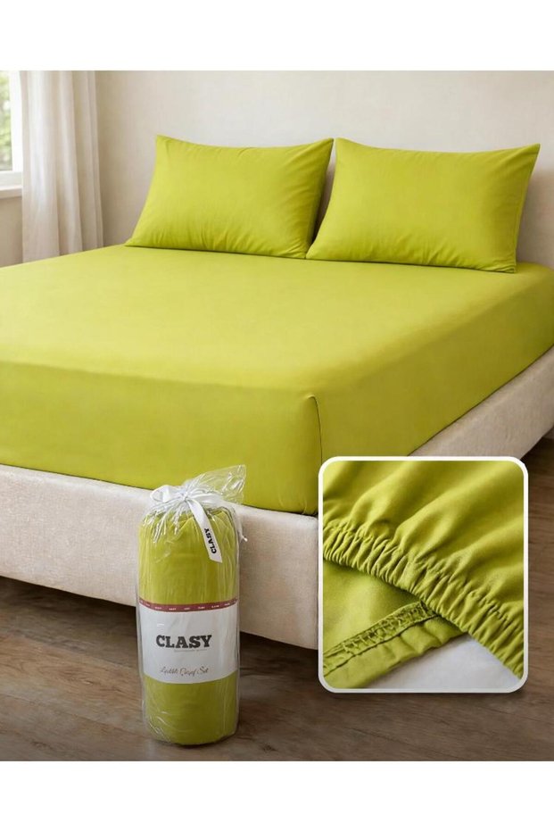 100% Cotton Ranforce Fabric Double Size Fitted Sheet Set 160X200 Cm+30 cm Oil Green
