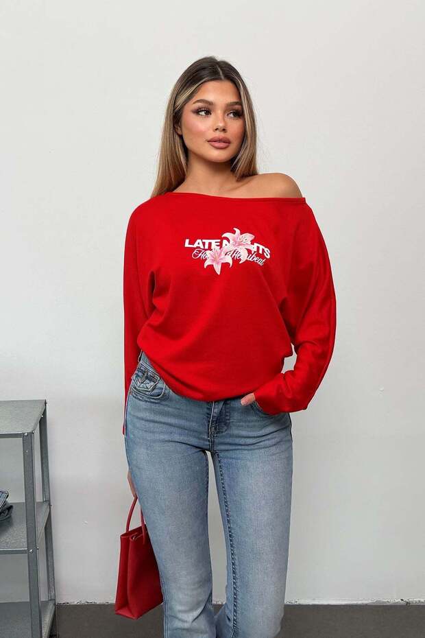 Women's Boat Neck Late Floral Printed Modal Sweatshirt Red - 12472