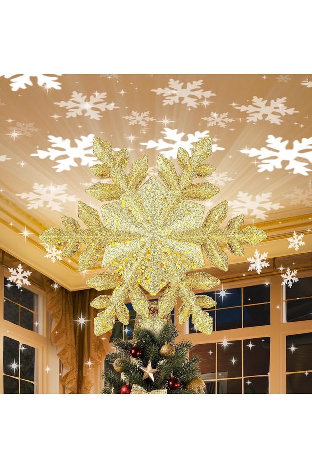 Christmas Tree Topper Lighted with Built-in Led Rotating Snowflake Projector Lights 9.6” Hollowed Tree Topper with Gold Spangles Plug In for Indoor Home Xmas New Year Party Tree Decor