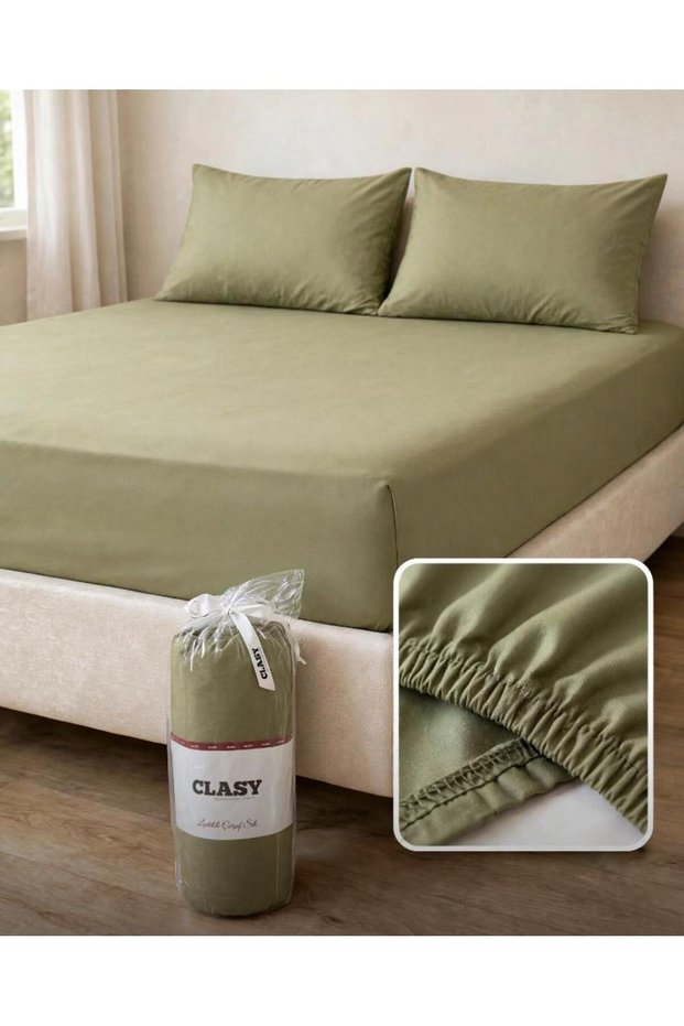 100% Cotton Ranforce Fabric Double Fitted Sheet Set 160X200 Cm+30 cm Olive Green