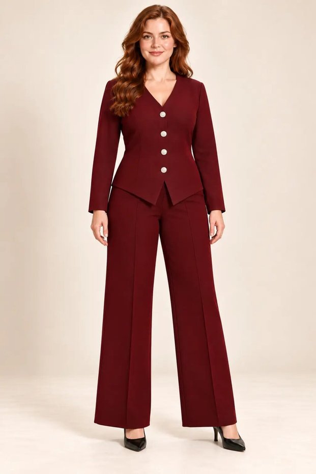 Women's Burgundy Large Size V-Neck Silver Button Detailed Jacket Trousers Two-Piece Set Hzl26S-Hzl2601