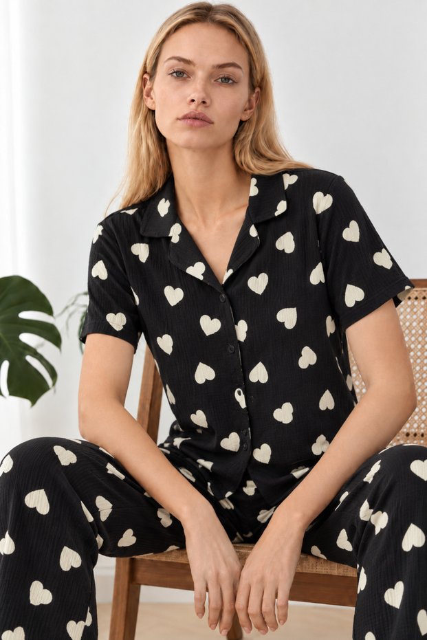 Women's Heart Short Sleeve Black Pajama Set 4825