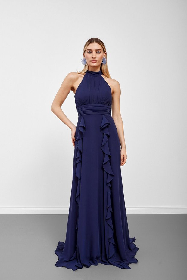 Navy Blue Halter Neck Flounce Chiffon Evening Dress