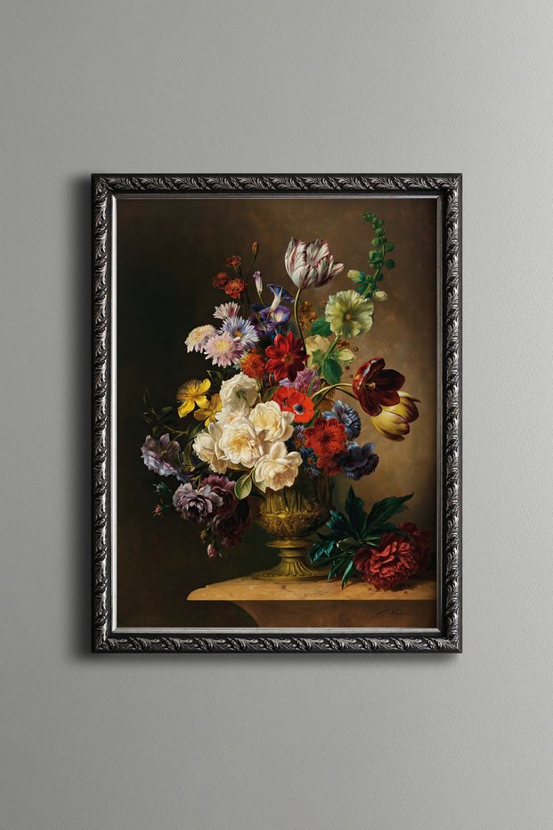 Gardening Flowers That Stand Out on a Dark Background - Vintage Patterned Painting - Fine Model