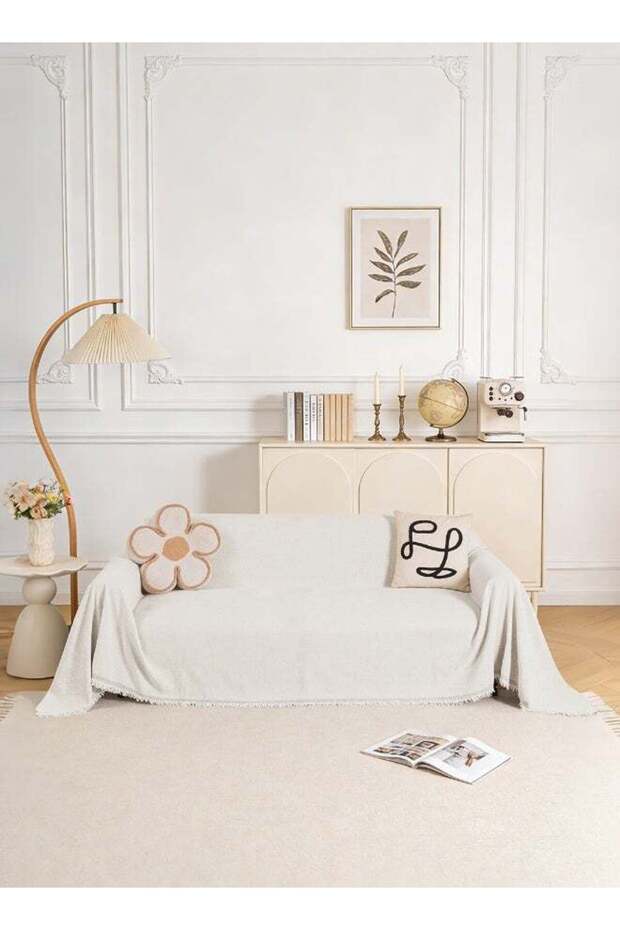 Chenille Sofa Cover, Slipcover, Universal Fit for 1,2,3 & 4 Seater, Solid Color, Size 180x260 cm - Cream