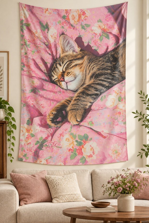 Cat Sleeping among Cherry Blossoms Nature Pattern Stain Resistant Wall Covering Wall Tapestry Tapestry