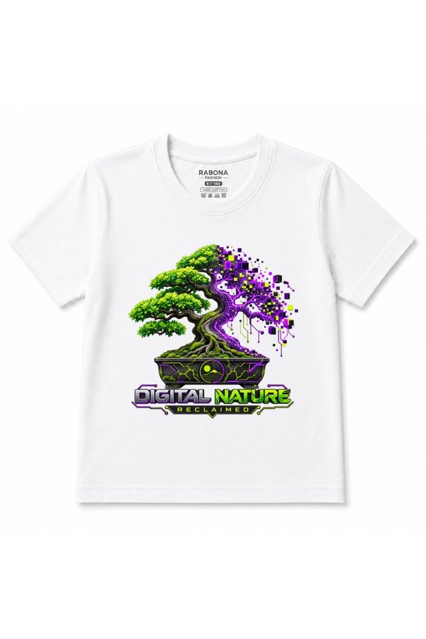 Digital Nature Reclaimed – Cyberpunk Bonsai Tree Kids Graphic T-Shirt