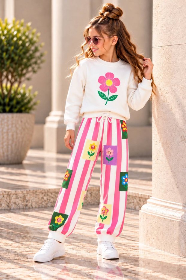 Girl's Floral Printed Sweatshirt and Striped Patterned Sweatpants Two-Piece Set