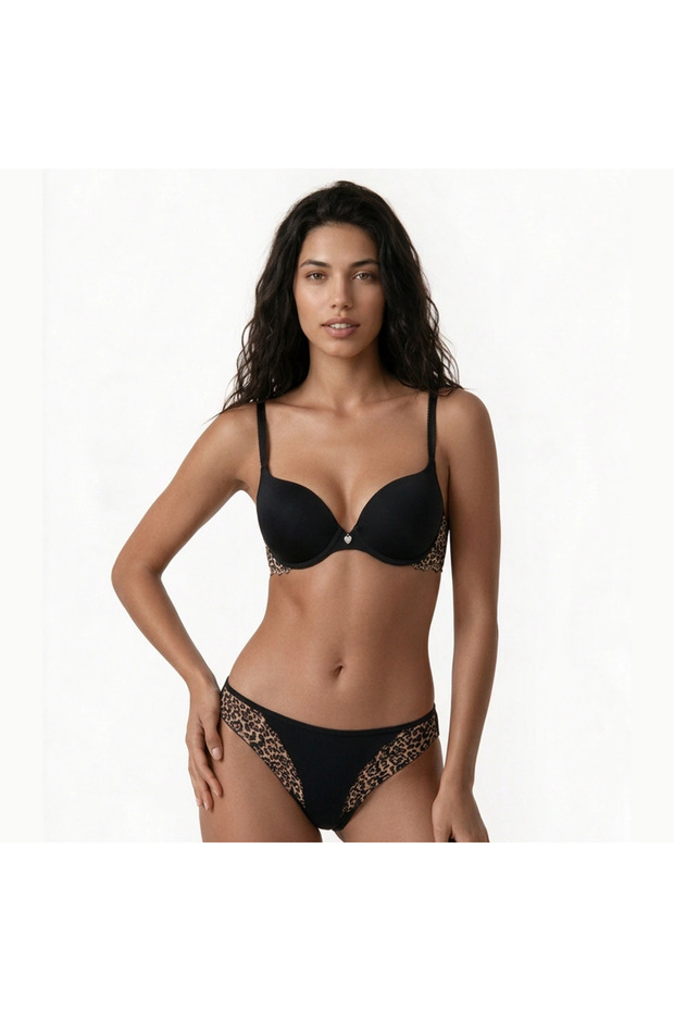 Women's Tulle Lace Fabric Black Leopard Pattern Covered Unlined Transparent Bra and Slip 2-Piece Set Size