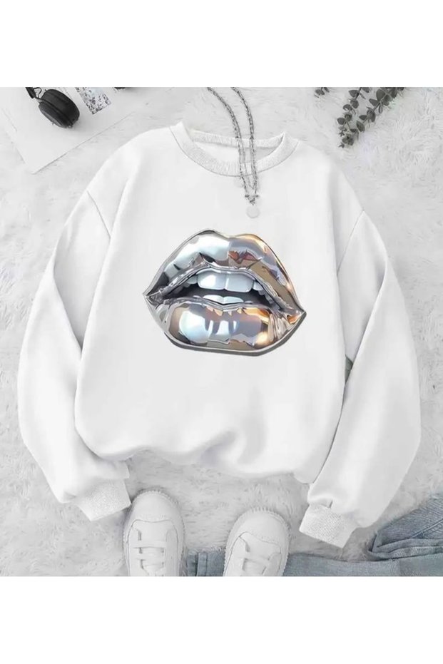 Lip Print Cotton 3 Thread Raster Crew Neck Oversize Sweatshirt