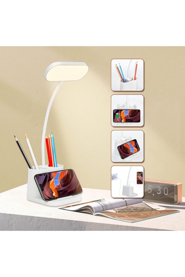 Desk Lamp,Eye-Caring Table Lamp 3 Light Modes and Stepless Dimming,Pen&Phone Holder and Flexible Gooseneck,Desk Light with USB Charging Port,Touch Desk Lamp for Study,Office,Reading