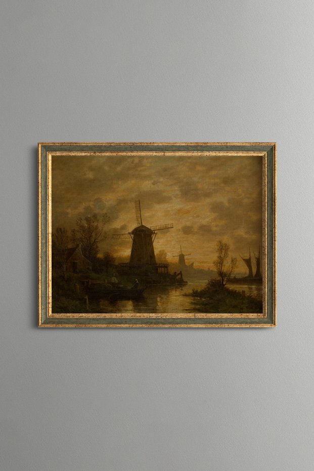 Windmill and River at Sunset - Vintage Patterned Painting - Fine Model