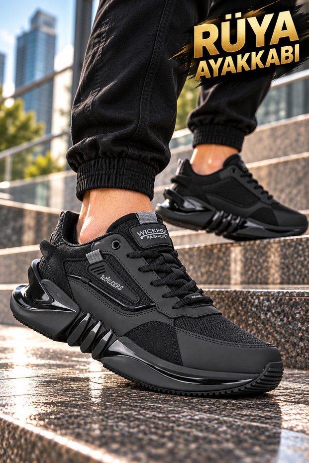 Men's Black Thick Soled Modern Design Casual Sneaker Shoes
