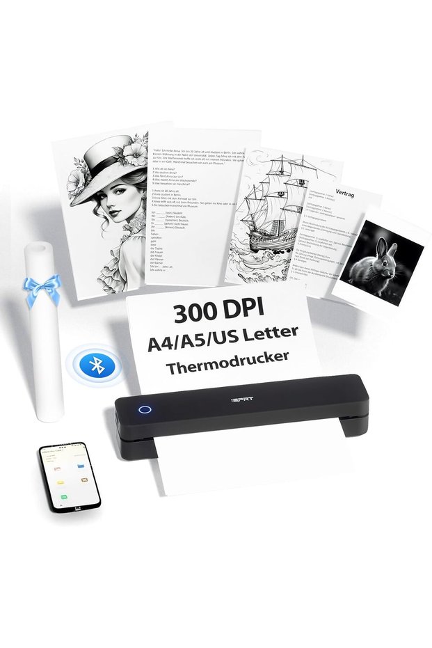 MT610 Portable Thermal Printer, Mobile Printer A4 for Travel, A4 Compatible with Windows, iOS, Android, 300 dpi Monochrome Travel Printer for Home, Learning, Black
