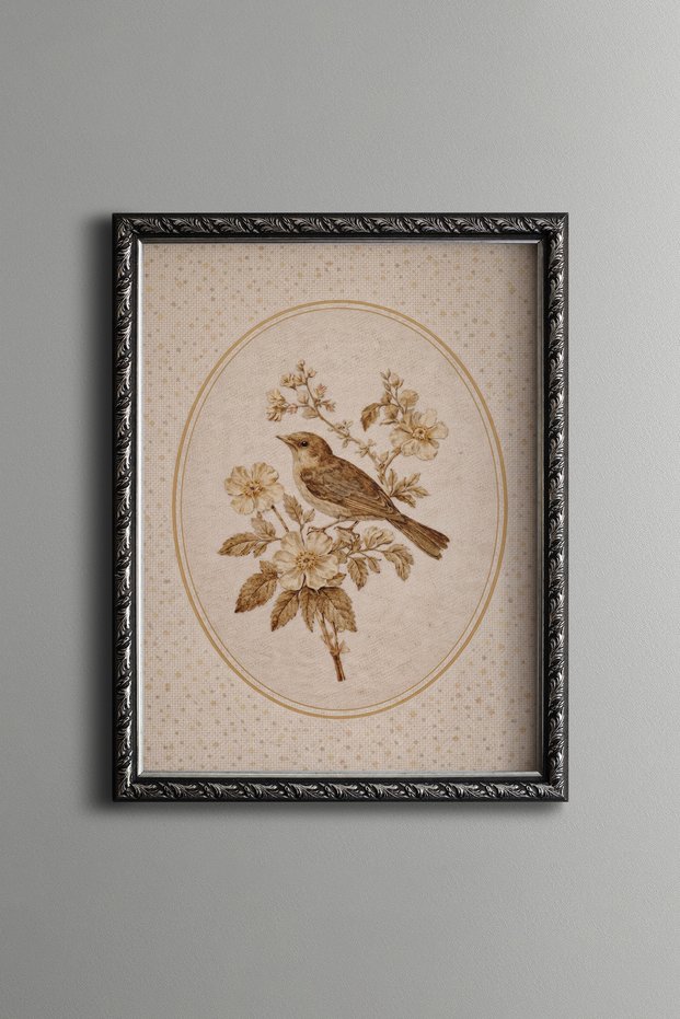 Floral Branch and Bird in Oval Frame Motif - Vintage Patterned Painting - Fine Model