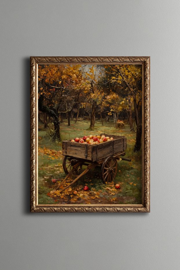 Apple-Loadened Wheelbarrow in the Autumn Garden - Vintage Patterned Painting - Fine Model