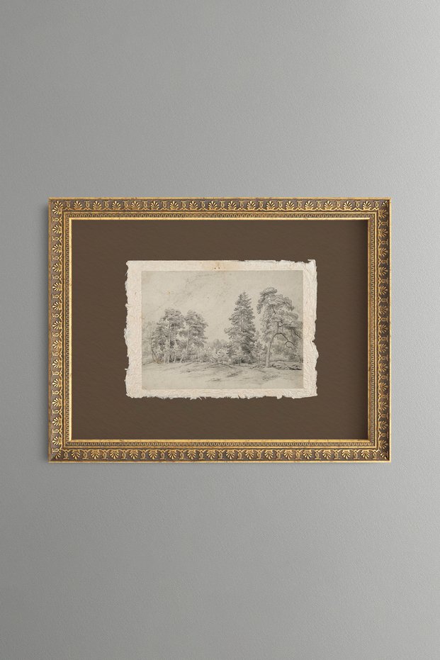 Landscape Sketch with Trees on a Brown Background - Vintage Patterned Painting - Fine Model