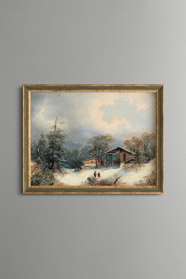 Horse Carriage on Snowy Village Road - Vintage Patterned Painting - Fine Model