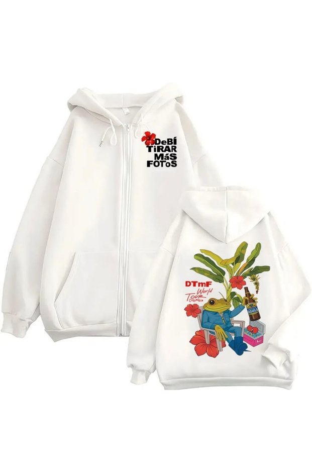 Bad Bunny Printed 3 Thread Zipper Cardigan with Embroidery Oversize