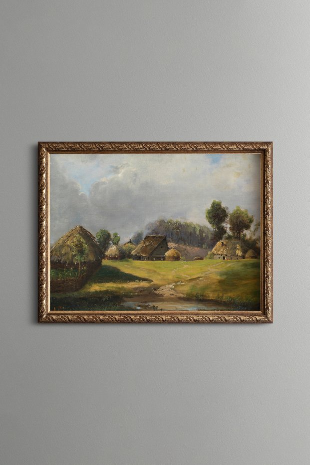 Village Houses among Green Hills - Vintage Patterned Painting - Fine Model