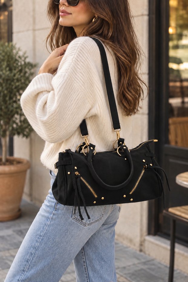 Women's Black Large Size Suede Look Shoulder Bag with Gold Metal Detail, Zipper and Tassel, Daily Handbag