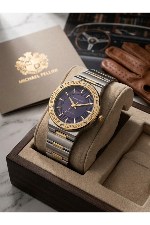 Navy Blue Dial Dual Color (Gold-Silver) Steel Band