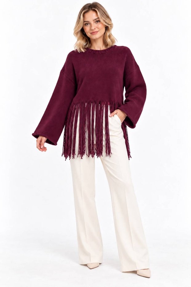 Women's Soft Textured Crew Neck Long Sleeve Tasseled Oversize Knitwear Sweater