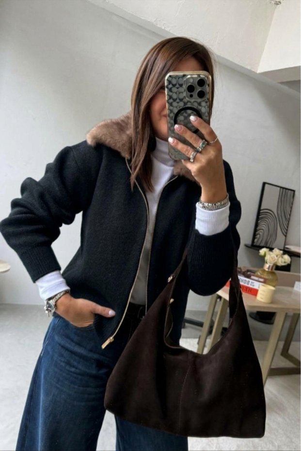 Women's Collar Fur Detailed Zippered Stand Collar Daily Use Cardigan