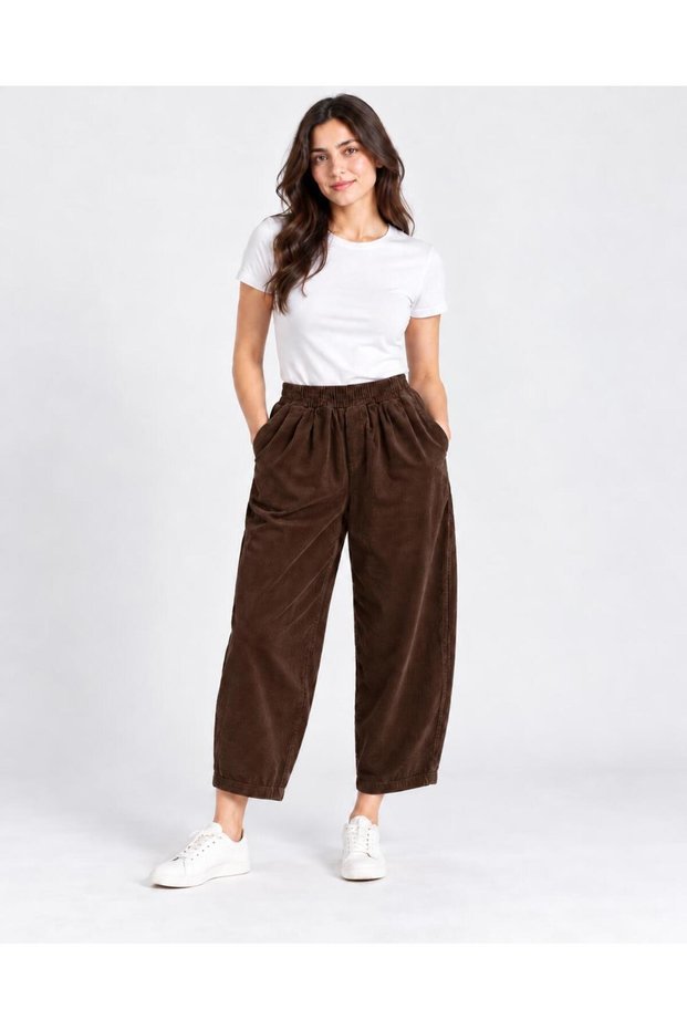 Women's Brown 8261 Balloon Velvet Trousers with Elastic Waist