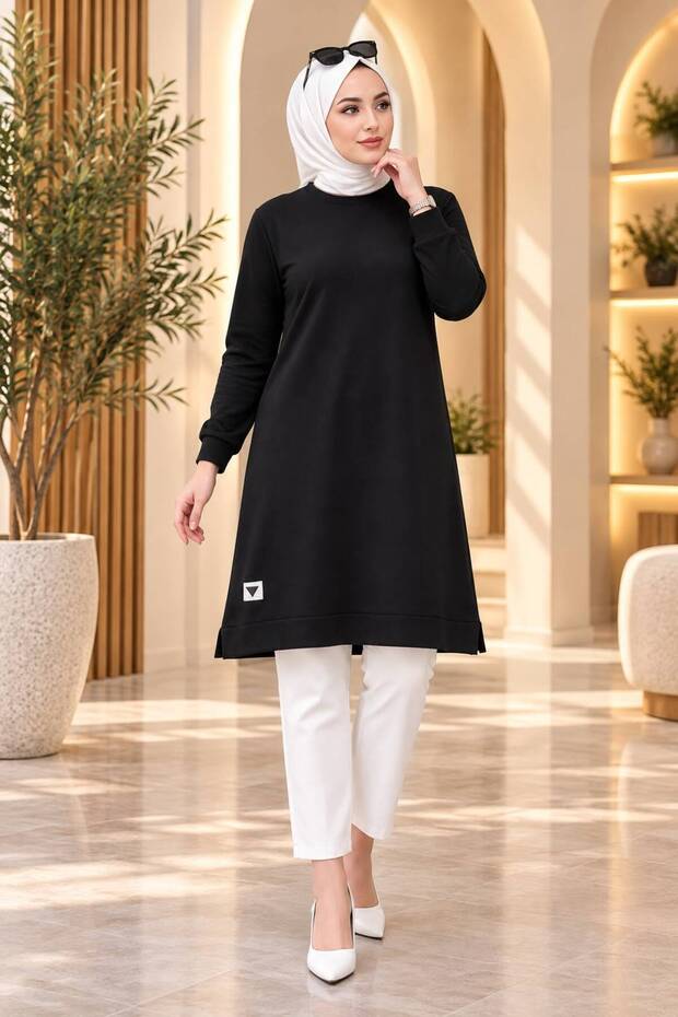 A-Cut Round Necklace Cristal Fabric Slitted Women's Tunic